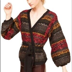Mes Demoiselles Jean Paul Wrap Belted Cardigan Mohair Alpaca Blend Puffy Sleeves